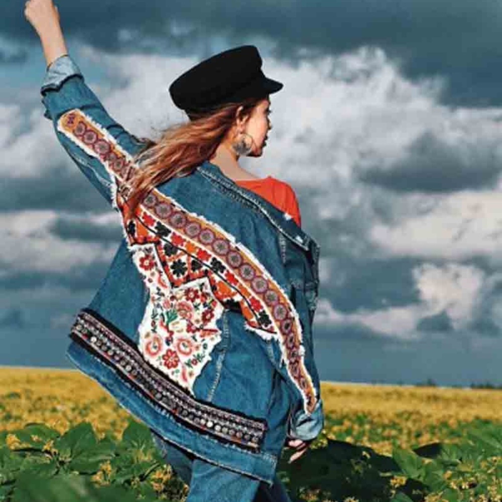 Boho Denim Blue Floral Embroidered Jean Jacket - Picture 5 of 14